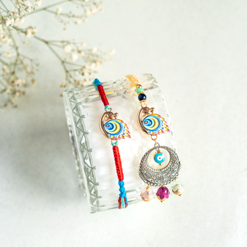 Bhaiya Bhabhi Rakhi Set with Peacock & Evil Eye Charms