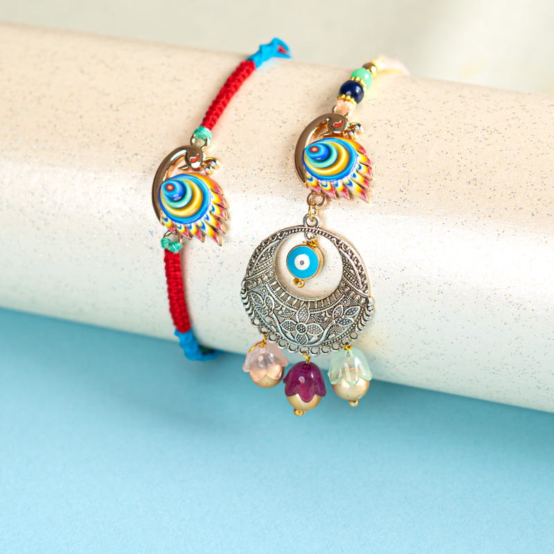Bhaiya Bhabhi Rakhi Set with Peacock & Evil Eye Charms