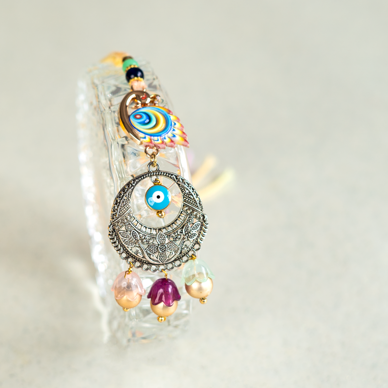 Bhaiya Bhabhi Rakhi Set with Peacock & Evil Eye Charms